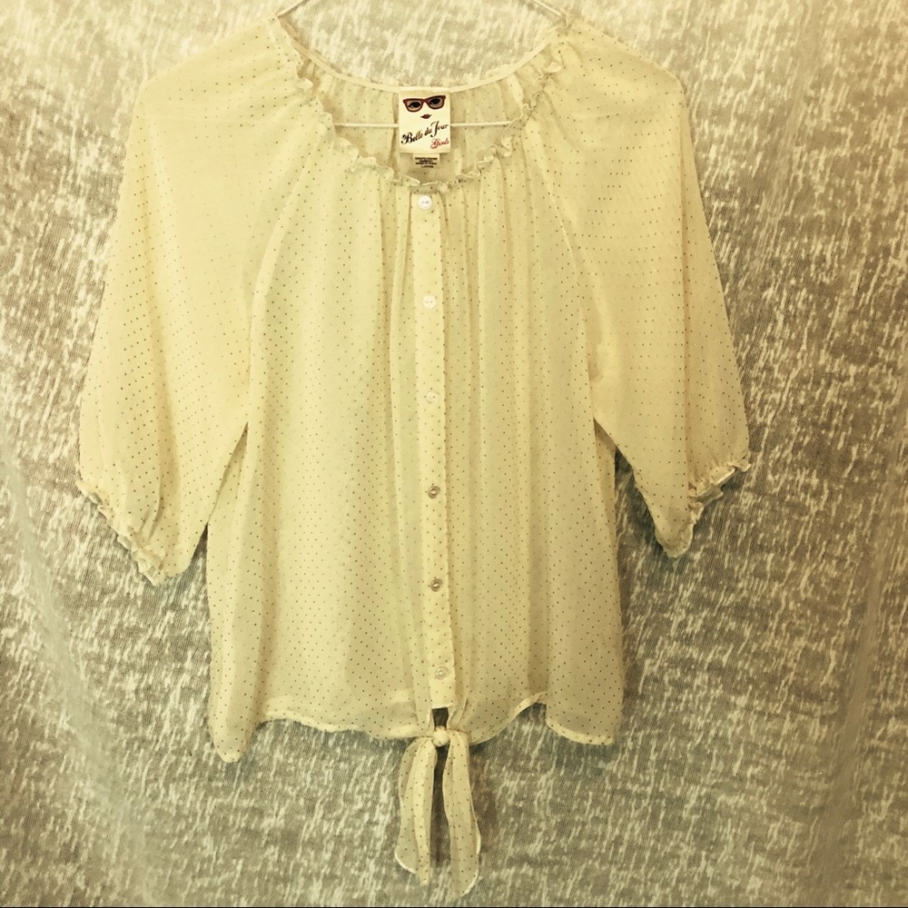 Belle du Jour Sheer Cream Blouse/Gold Polka Dots
